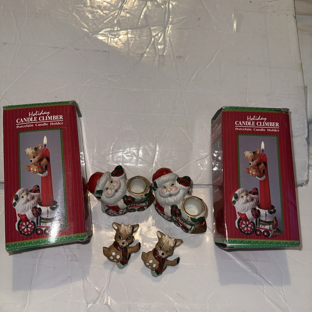 Vtg Set Of 2 Candle Climber Santa and Reindeer Porcelain Candle Holder Giftco